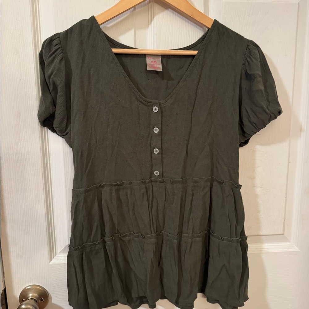No Boundaries Dark Green Button-Front Blouse